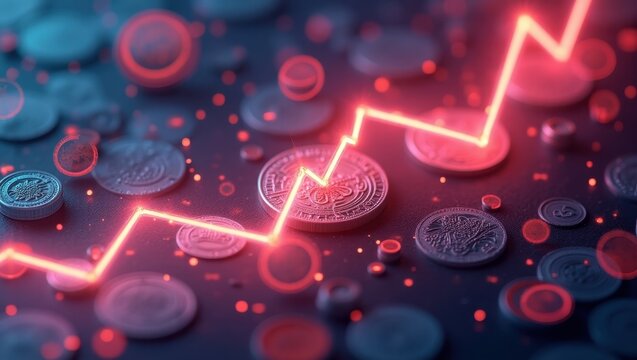 Digital coins and tokens with glowing red upward graph line showing growth, profit, investment, and cryptocurrency trading in futuristic technology background with dark blue and neon red color scheme