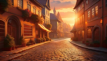 Obraz premium Quaint vintage street: cobblestone road, warm sunset, nostalgic mood. Timeless charm of old Europe. Ideal for travel & history themes.
