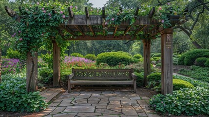Fototapeta premium Serene garden scene featuring a wooden bench beneath a flowering pergola. Perfect for relaxation, tranquility, and nature themes.