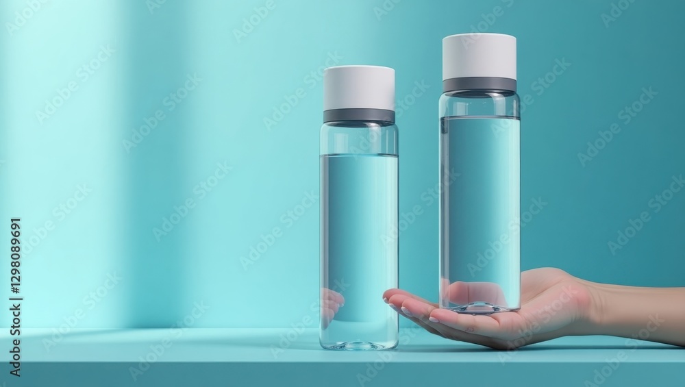 Poster hydrogen water bottle. two bottles are empty and one is empty on table