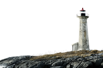Beacon of Hope: The towering silhouette of a historic lighthouse stands proudly on a rugged coastal outcrop, its light a guiding star against a vast horizon