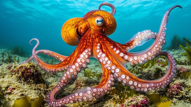 Curious Octopus exploring the seafloor its flexible color changing body adapting to the environment tentacles stretching out in every direction