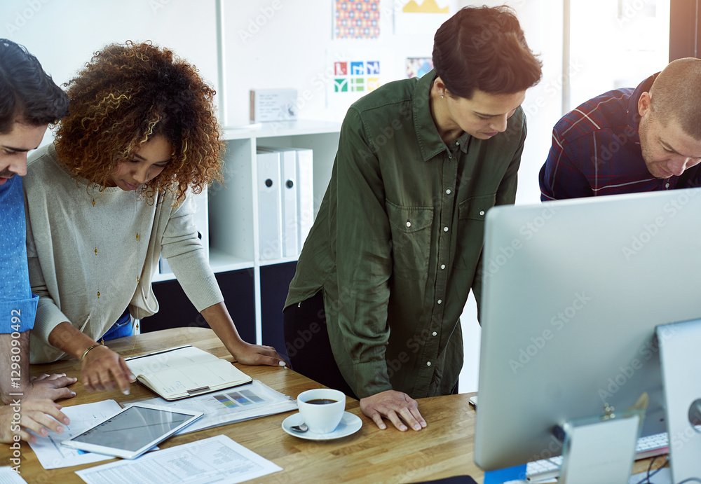 Poster computer, design and documents with business people in office for collaboration or decision. adverti