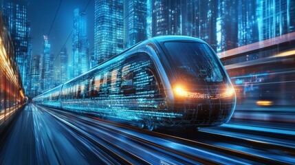 A sleek electric train speeding through a modern urban landscape, showcasing its aerodynamic design and vibrant colors against a backdrop of skyscrapers.