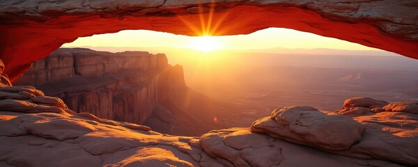 Mesa Arch sunrise in Utah, USA. Morning sun glows, illuminates red rock formation. Scenic desert landscape with canyon, mountain. Famous tourist attraction on clear sky background.