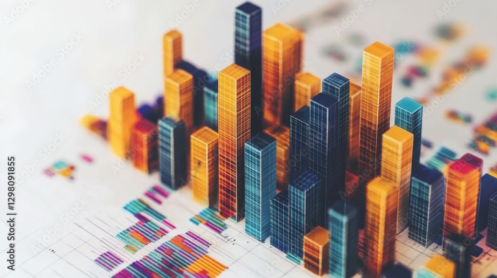 Poster a top-down view of a d business bar graph with dynamic heights, showcasing various revenue streams, 
