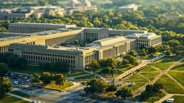 Aerial view of the Pentagon located in Arlington, Virginia during sunset highlighting its unique architectural design, Aerial establishing shot of the Pentagon in Washington, DC