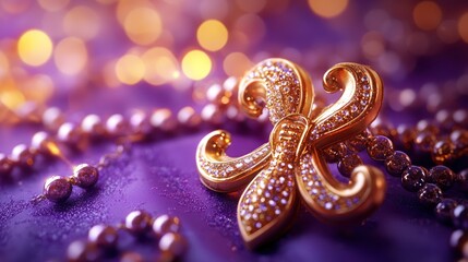 Naklejka premium Glittering Fleur-de-lis, beads, purple, festive, bokeh