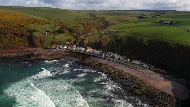 An aerial view of the village of Pennan in Aberdeenshire in Scotland. Pennan was made famous in the 1980s in the film Local Hero.