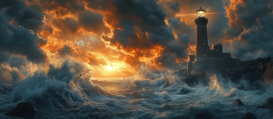 Dramatic Lighthouse at Sunset with Stormy Seas and Majestic Clouds Illuminated by Golden Light