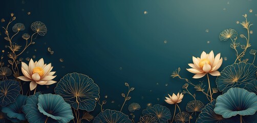 Luxury gold lotus line art on dark blue background. Floral design elements, luxury wallpaper for wedding invitation, greeting card. Golden lotus blossom, leaf ornaments. Elegant, exotic bloom