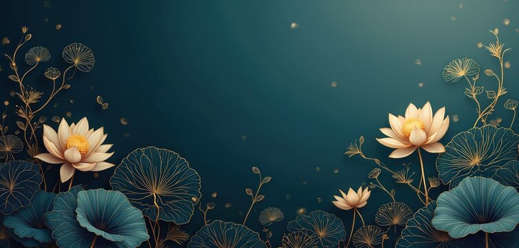 Luxury gold lotus line art on dark blue background. Floral design elements, luxury wallpaper for wedding invitation, greeting card. Golden lotus blossom, leaf ornaments. Elegant, exotic bloom