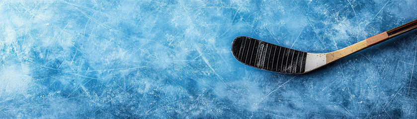 Overhead View of a Hockey Stick Resting on a Frozen Blue Ice Rink Surface