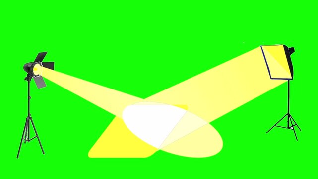 Lighting fixtures are turned on and off on set, for film production against a green screen. Chroma key, cartoons, footage, mockup, loop