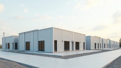 Modular Construction. Modern white industrial warehouse buildings with large windows during daytime, ideal for logistics, storage, business use, clear sky, asphalt pavement, commercial area, minimali