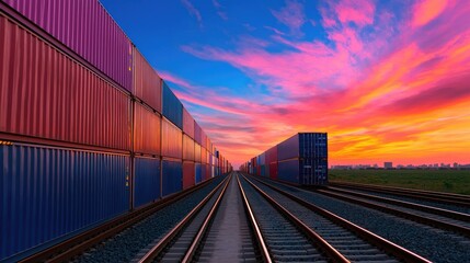 Obraz premium Cargo containers on train tracks at sunset