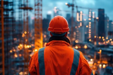 Construction Worker Overlooking Urban Cityscape at Dusk with Illuminated Cranes and Skyscrapers in the Background