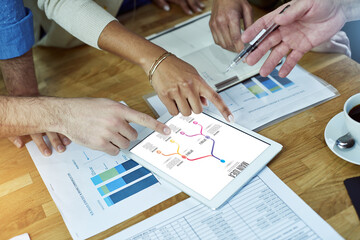 Tablet screen, planning and documents with hands of business people for marketing funnel, decision...