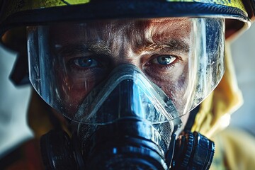 A firefighter wearing protective gear, checking oxygen levels on his mask. His eyes are focused as he prepares to enter the danger zone.