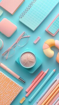 Colorful and trendy office supplies and accessories on a vibrant blue background for creative workspaces and studios