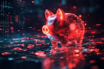 Futuristic Digital Piggy Bank with Neon Red Glow on High-Tech Background Representing Cryptocurrency and Financial Technology