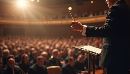 Conductor holds baton in front of crowd at theatre stage. Orchestra leader directs musicians during symphonic concert, performing symphony music, classic opera before live audience.