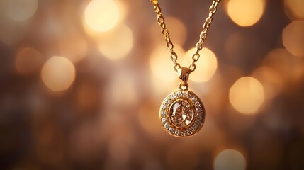 38. A close-up of a gold necklace with a vintage pendant, surrounded by soft lighting and a blurred backdrop