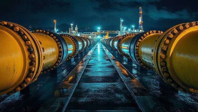 Illuminated Yellow Pipelines at an Industrial Refinery at Night