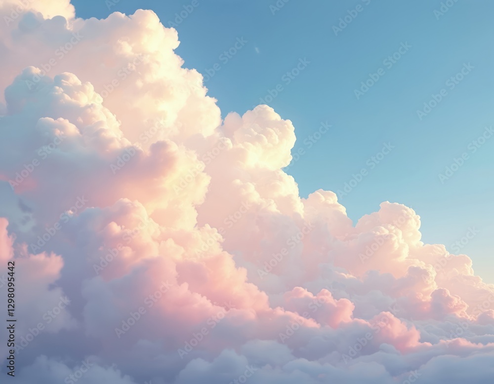Poster digital artwork of pastel cumulus clouds blending into soft blue sky, creating calm dreamy atmospher