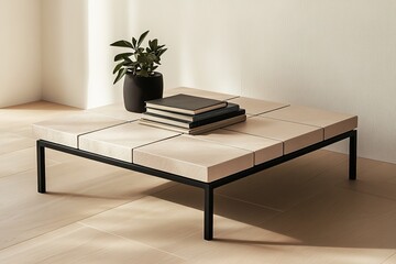 Minimalist coffee table with plant and books, warm light