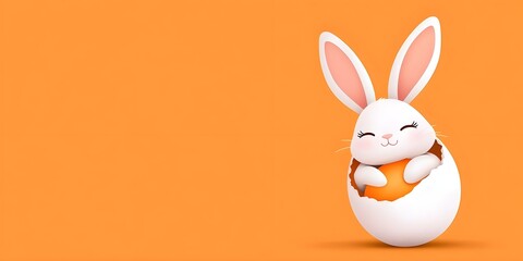 Obraz premium A cartoon rabbit is holding an orange egg in its mouth