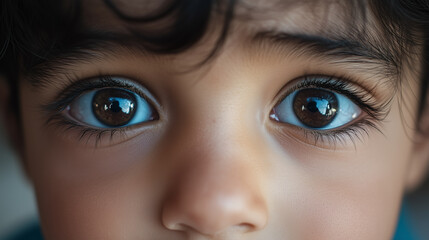 Captivating gaze of a young child highlighting their expressive eyes in a well-lit indoor setting. Generative AI