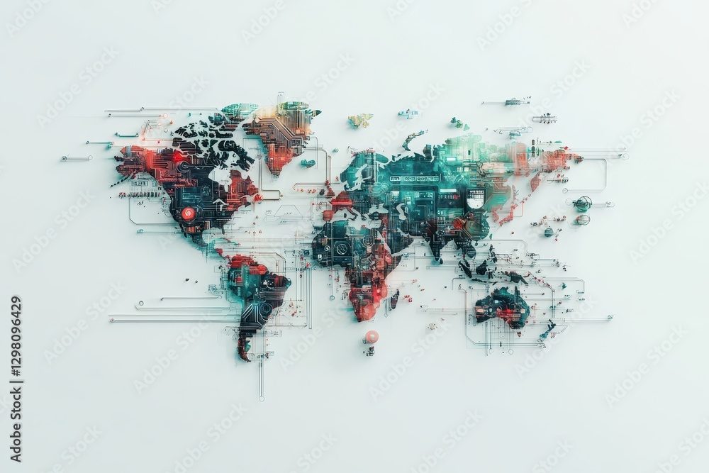 Poster modern digital world map with technological elements and vibrant colors illustrating global connecti
