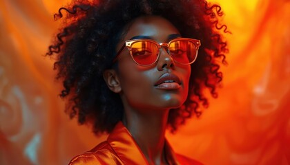 Stylish portrait of gorgeous black girl with afro hairstyle wearing orange glasses. Fashionable african american woman posing in 70s psychedelic dreamscape style with bright red colors on cinematic
