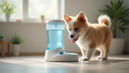 Pet Water Dispenser. Cute tan and white corgi puppy drinking water from automatic pet feeder bowl indoors, cozy home setting with bright natural light and green plants, healthy pet care concept, mode
