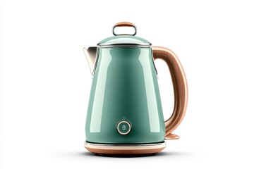 Retro style electric kettle in teal color with wooden handle on a white background showcasing its design and features
