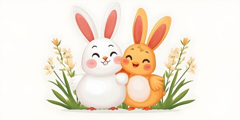 Two rabbits are hugging each other in a field of flowers
