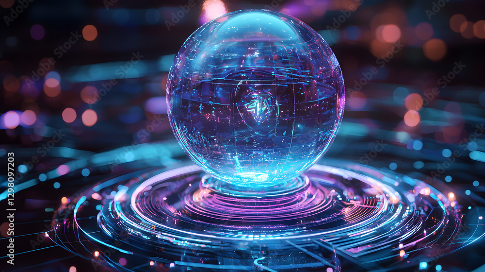 Poster illuminated orb floating in a futuristic digital environment abstract art high-tech landscape virtua