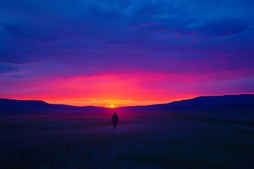 Fototapeta premium Man walks sunset field, mountains