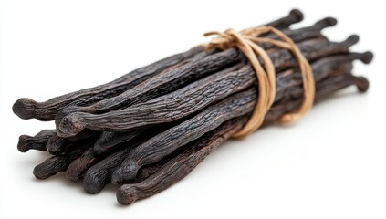 Handpicked Bundle of Natural Vanilla Beans Tied with Twine, Perfect for Culinary and Baking Uses, Isolated on White Background