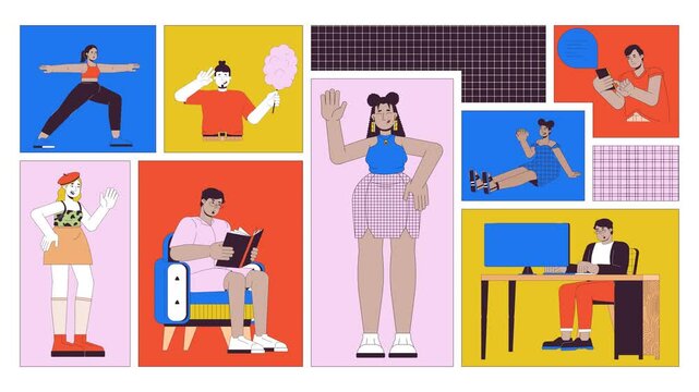 Body positivity and self-acceptance animated bento grid layout. Self love, confidence. Happy curvy people daily life 2D animation flat cartoon ui collage design. 4K video motion graphic collection