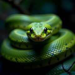 Fototapeta premium Coiled green snake with piercing eyes