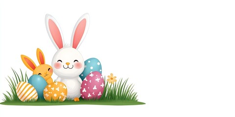 Fototapeta premium A cartoon rabbit is sitting in a field of Easter eggs