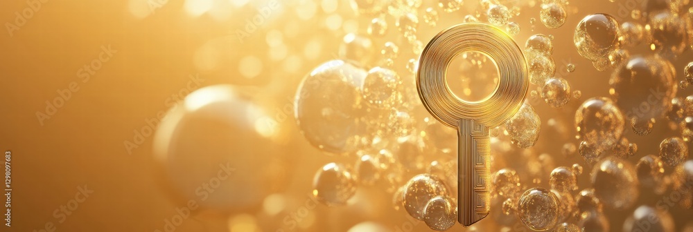 Poster golden key surrounded by bubbles in a bright background at sunset showcasing a unique artistic visio