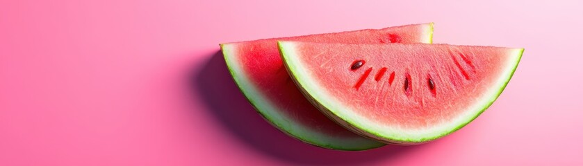 Two Slices of Refreshing Watermelon Stacked on a Vibrant Pink Background, Perfect for Summer