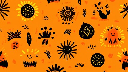 Vibrant Orange And Black Geometric Sunflower Pattern Seamless Texture Hand Drawn Illustration Bright Bold Floral Design Summer Autumn Nature Artistic