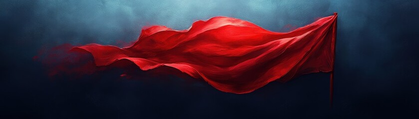 Fototapeta premium Bold Red Flag Waving Against a Dark Blue Background, Symbolizing Revolution and Power