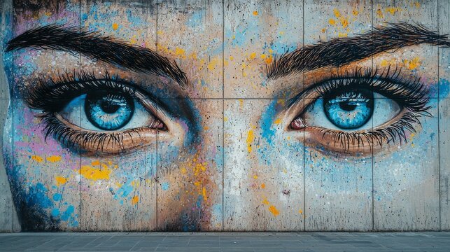 Captivating graffiti art featuring stunning blue eyes on concrete wall with colorful splashes of paint