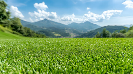 Fototapeta premium Lush green grass, mountain vista background, idyllic scene, perfect for travel brochures