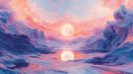 Dreamlike pastel landscape with full moon reflecting on a calm lake between snowy mountains at sunset.